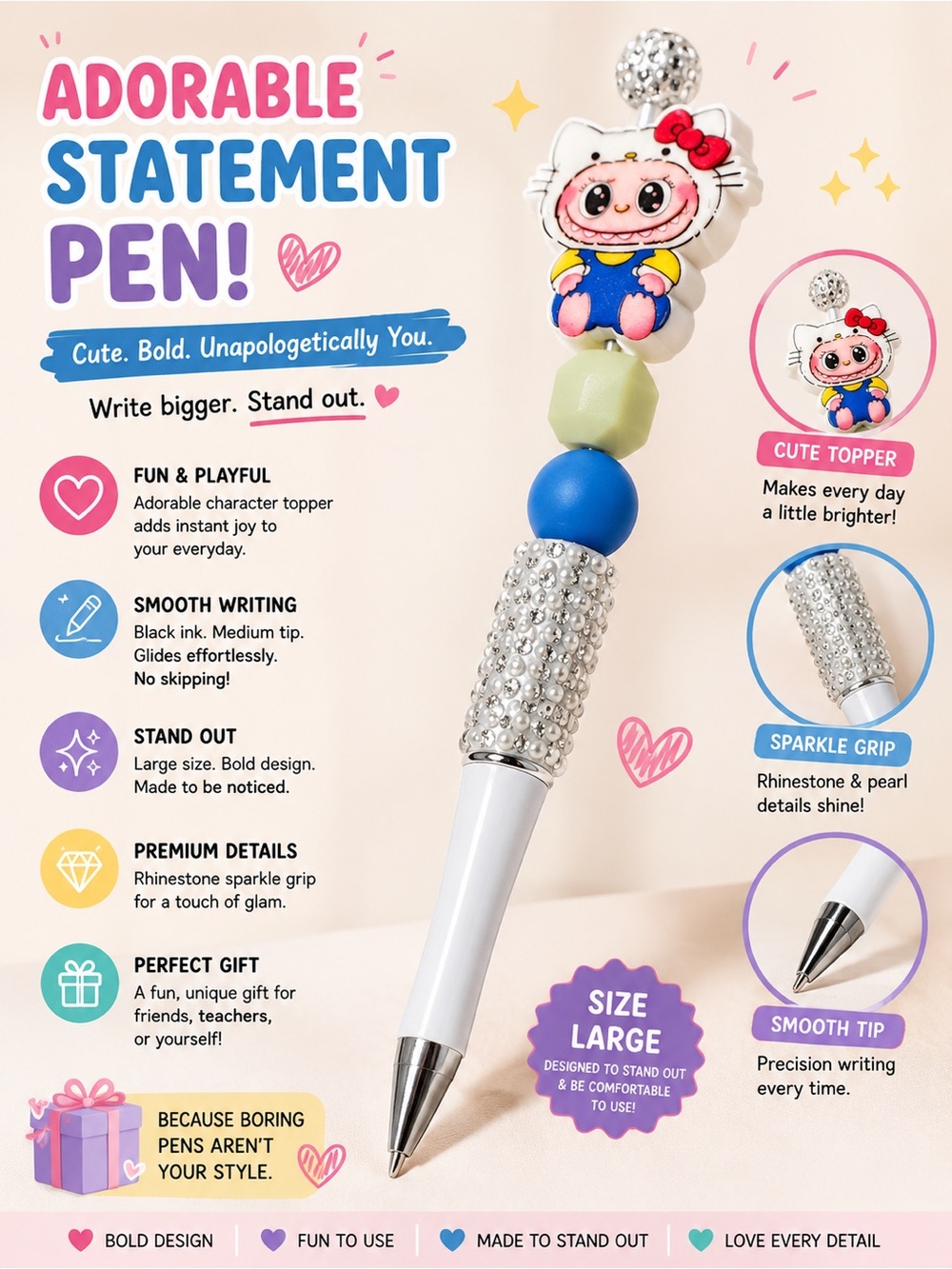 Labubu Adorable Rhinestone Sparkle Character Pen — White, Blue & Pink